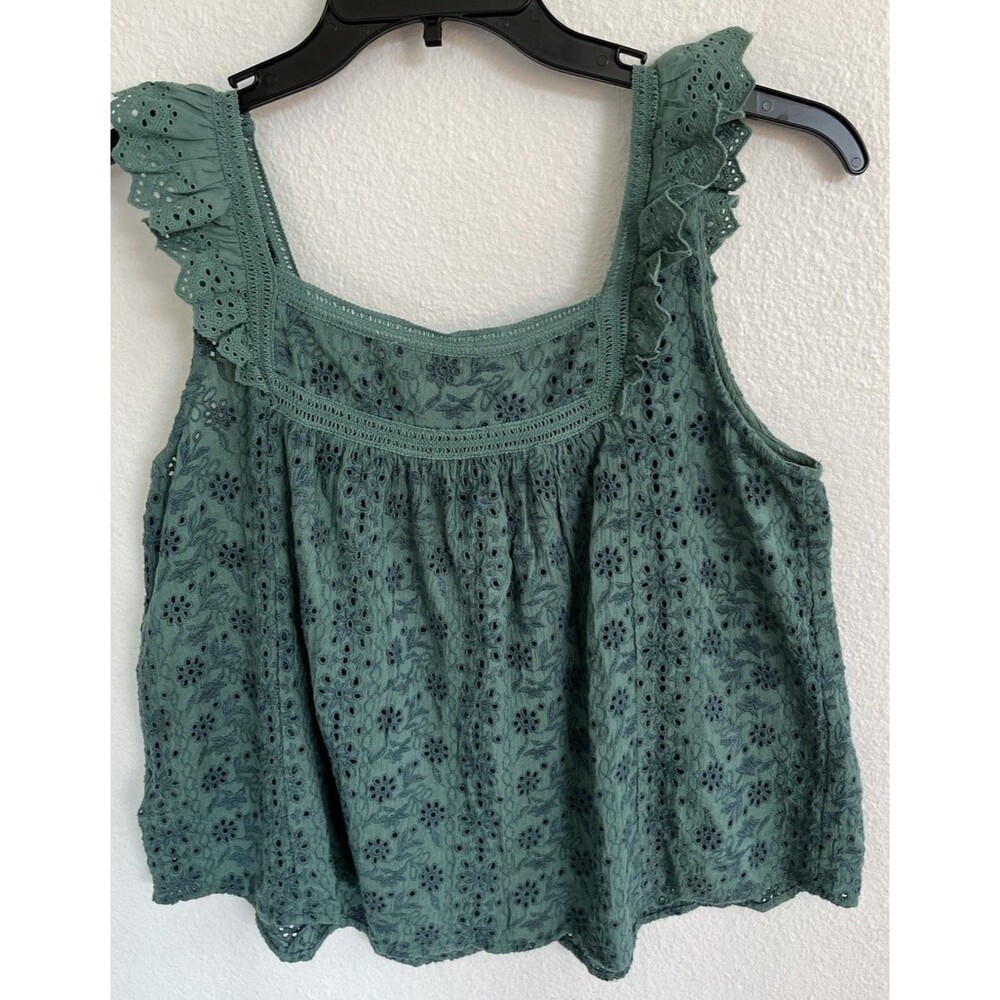 Lucky Brand Eyelet Lace Blouse Top Large Sage Green Cotton Cottagecore Boho - Picture 3 of 10